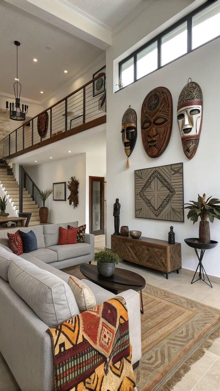 Double-height living room with African masks and warm textured rugs