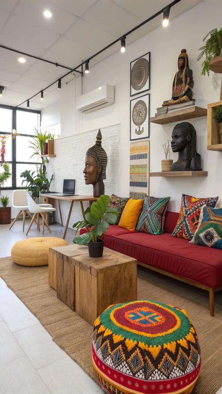 Colourful Afro-modern lounge with woven poufs, carved busts and patterned cushions